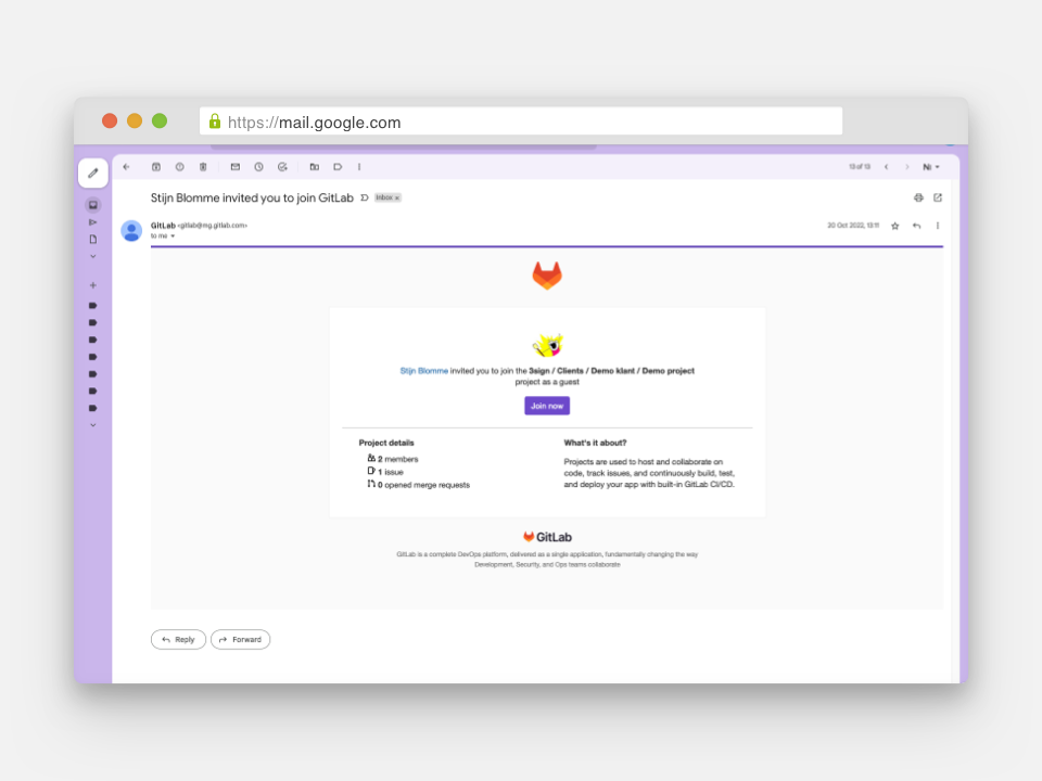 Screenshot uitnodigingsmail GitLab Screenshot uitnodigingsmail GitLab