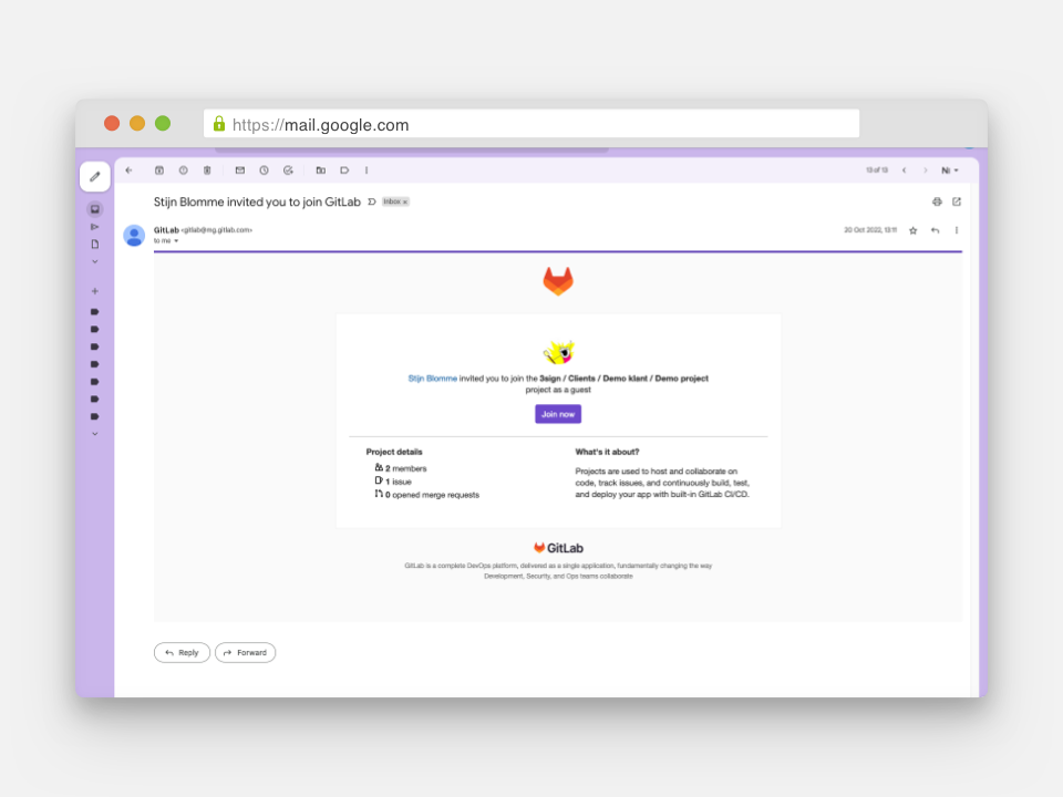 Screenshot uitnodigingsmail GitLab