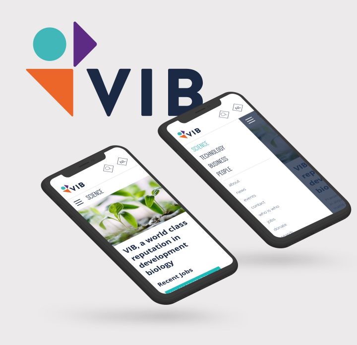 Logo van VIB met de website weergegeven op 2 mobiele toestellen