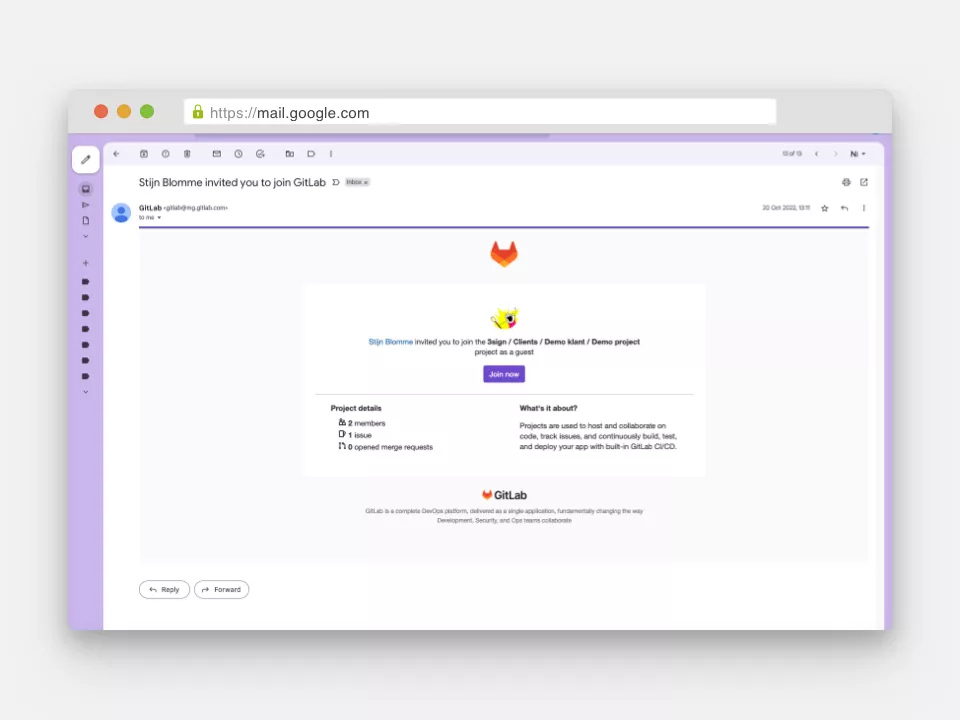 Screenshot uitnodigingsmail GitLab Screenshot uitnodigingsmail GitLab