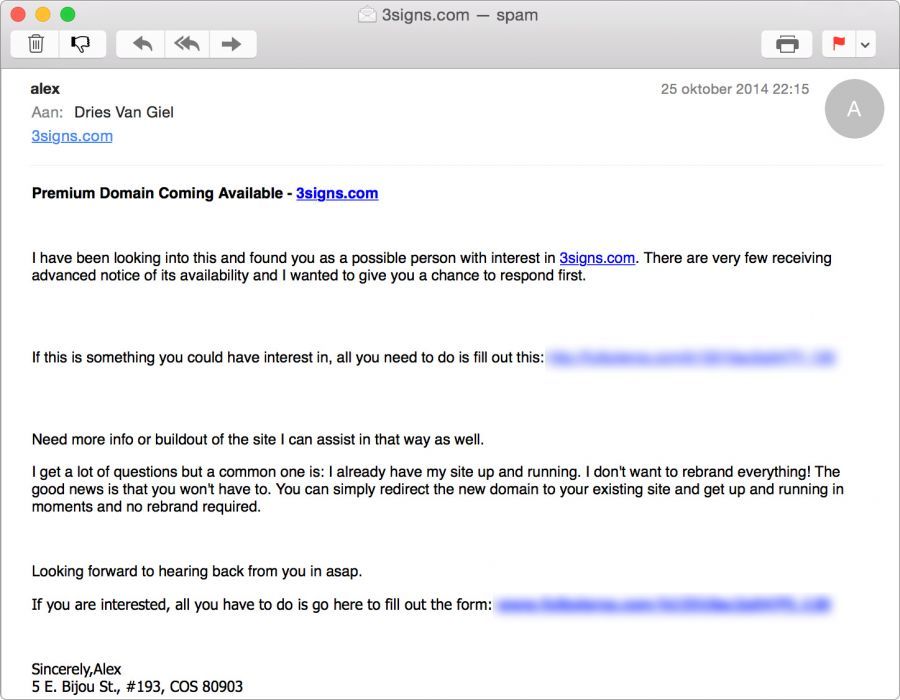 screenshot van spam email over domeinnaam